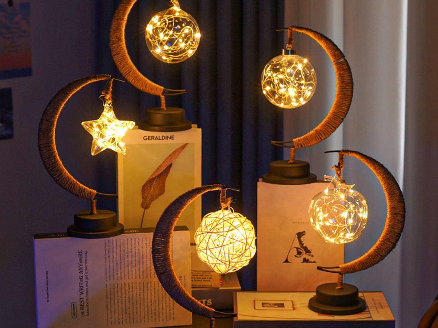 Moon Star Apple Fairy Lights, Moon Design Twine Table Lamp
