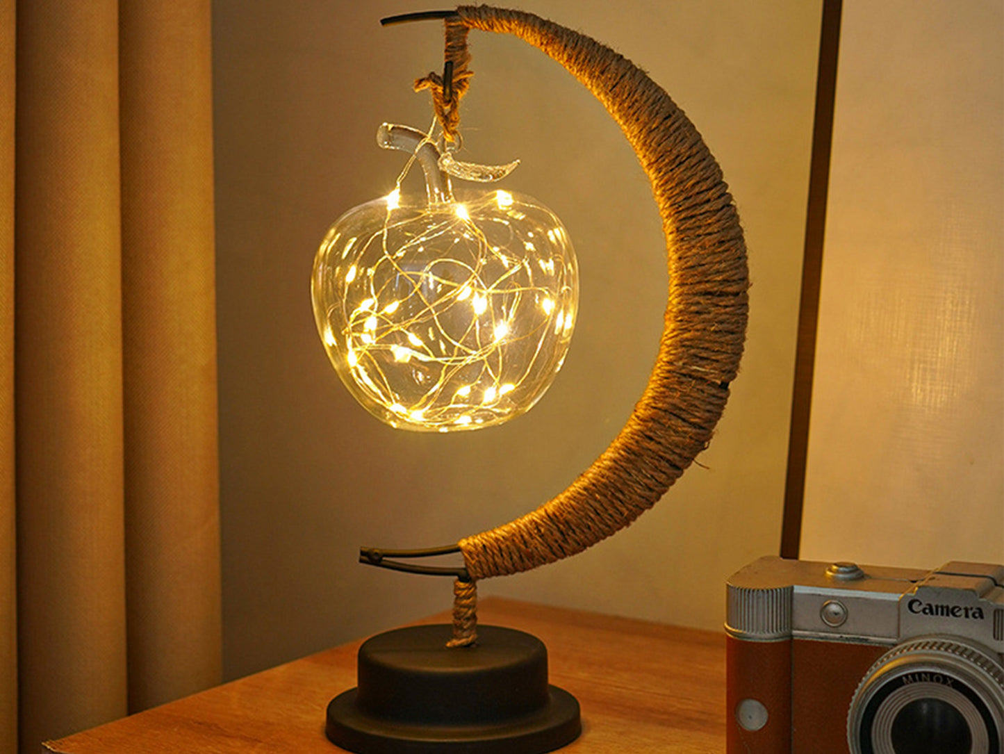 Moon Star Apple Fairy Lights, Moon Design Twine Table Lamp