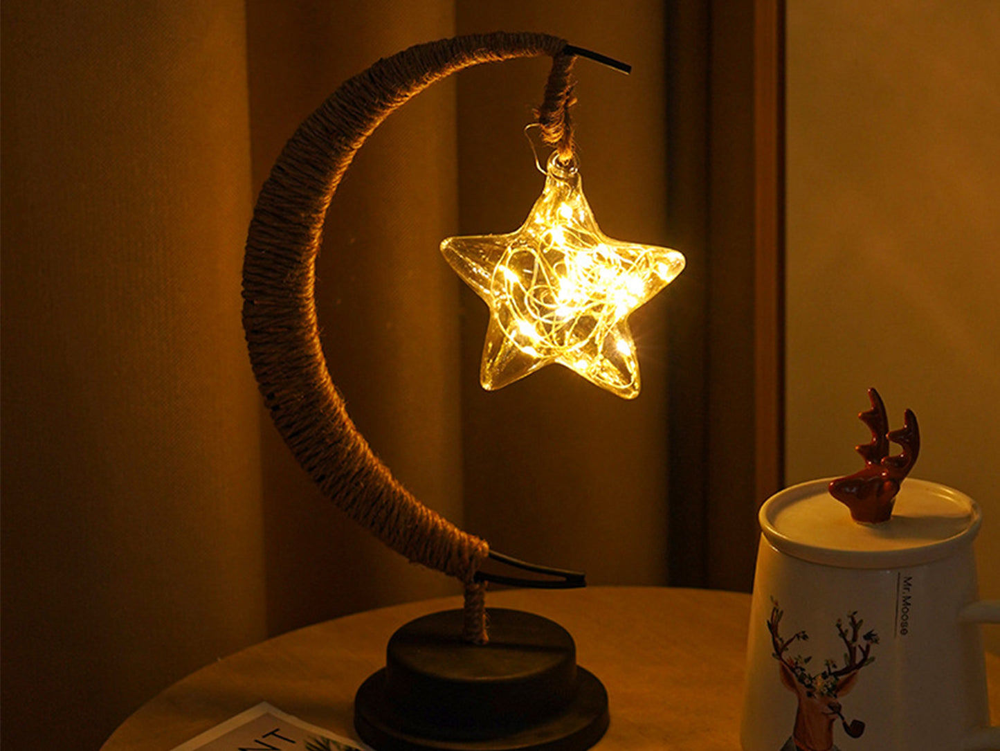 Moon Star Apple Fairy Lights, Moon Design Twine Table Lamp