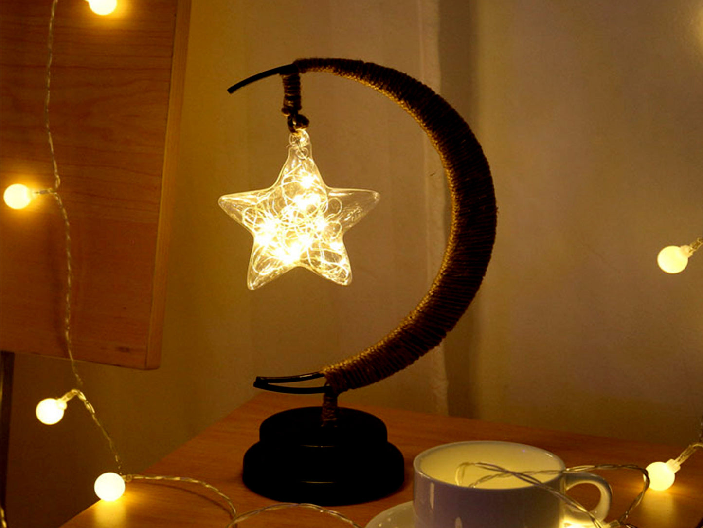 Moon Star Apple Fairy Lights, Moon Design Twine Table Lamp