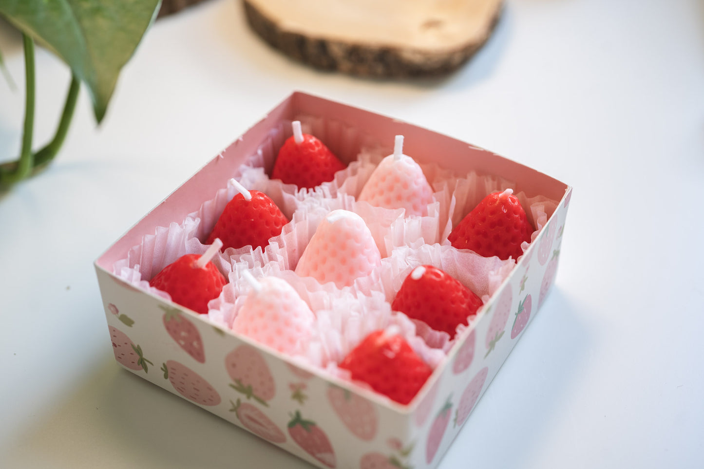 9pcs Pink Red Strawberry Candles Set, Christmas Birthday Gift Box