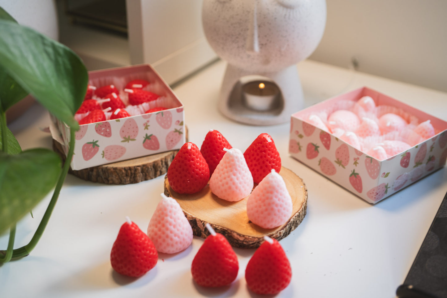 9pcs Pink Red Strawberry Candles Set, Christmas Birthday Gift Box