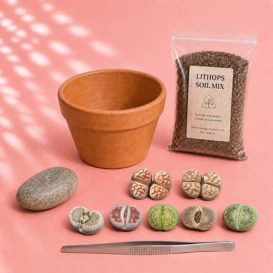 Living Stone New Starter Kit - with 1 Bag of Lithops Soil, 5 Single-Head Lithops, 2 Double-Head Lithops, 1 Terracotta pot, 1 Tweezers Tool - Succulents, Cactus, Gift for Kids, Gift for Succulents Lovers