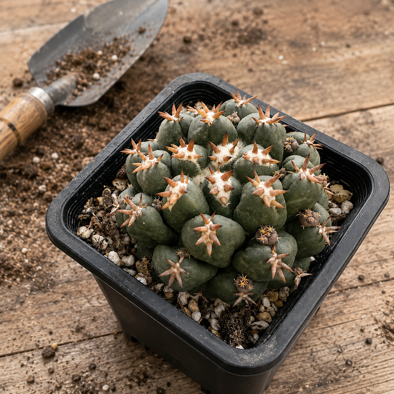 Small cactus plant in a black pot on a wooden surface with a trowel.