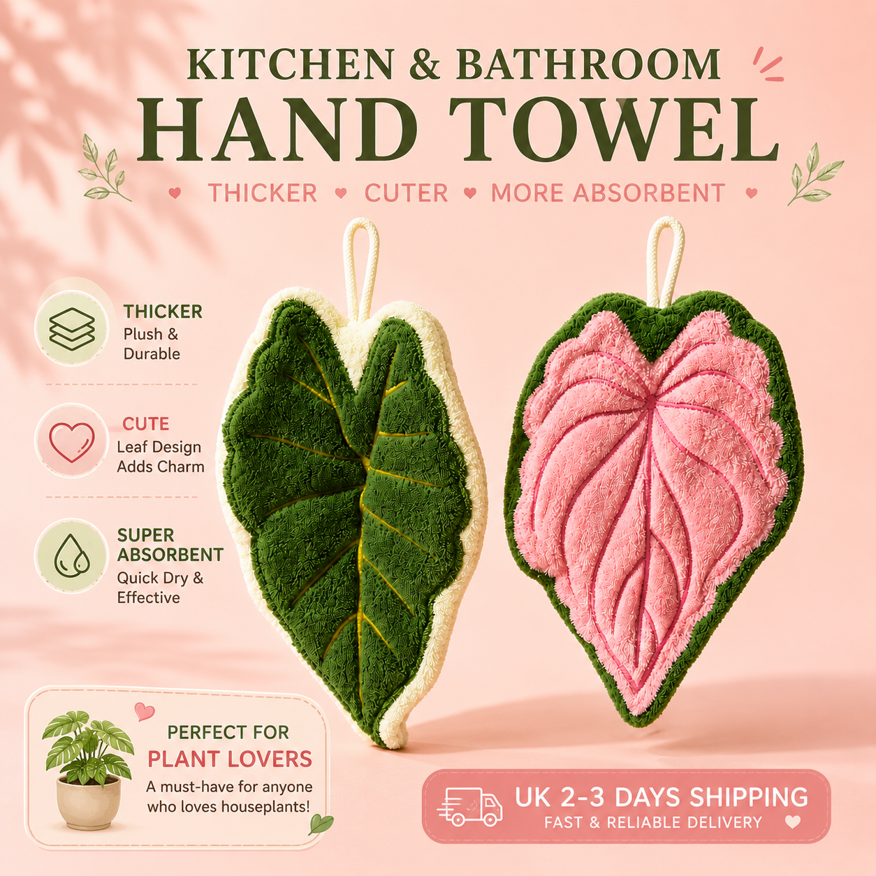 Leaf Shape Hand Towel Set 2pcs | Cute Kitchen & Bathroom Towels | Soft Absorbent Hanging Towels