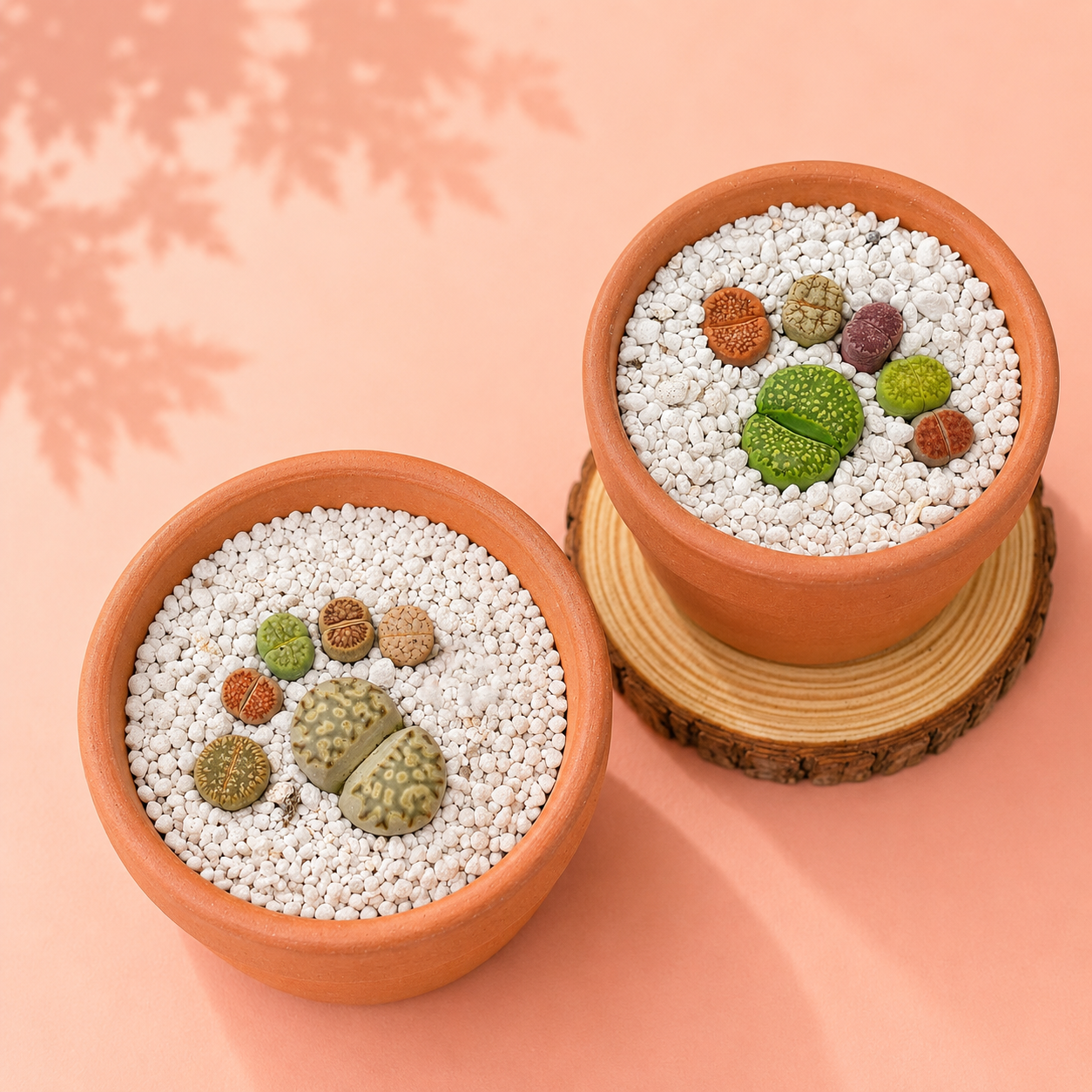 Two terracotta pots filled with white pebbles and small succulent cacti, arranged on a peach background with one pot resting on a round wood slice coaster.