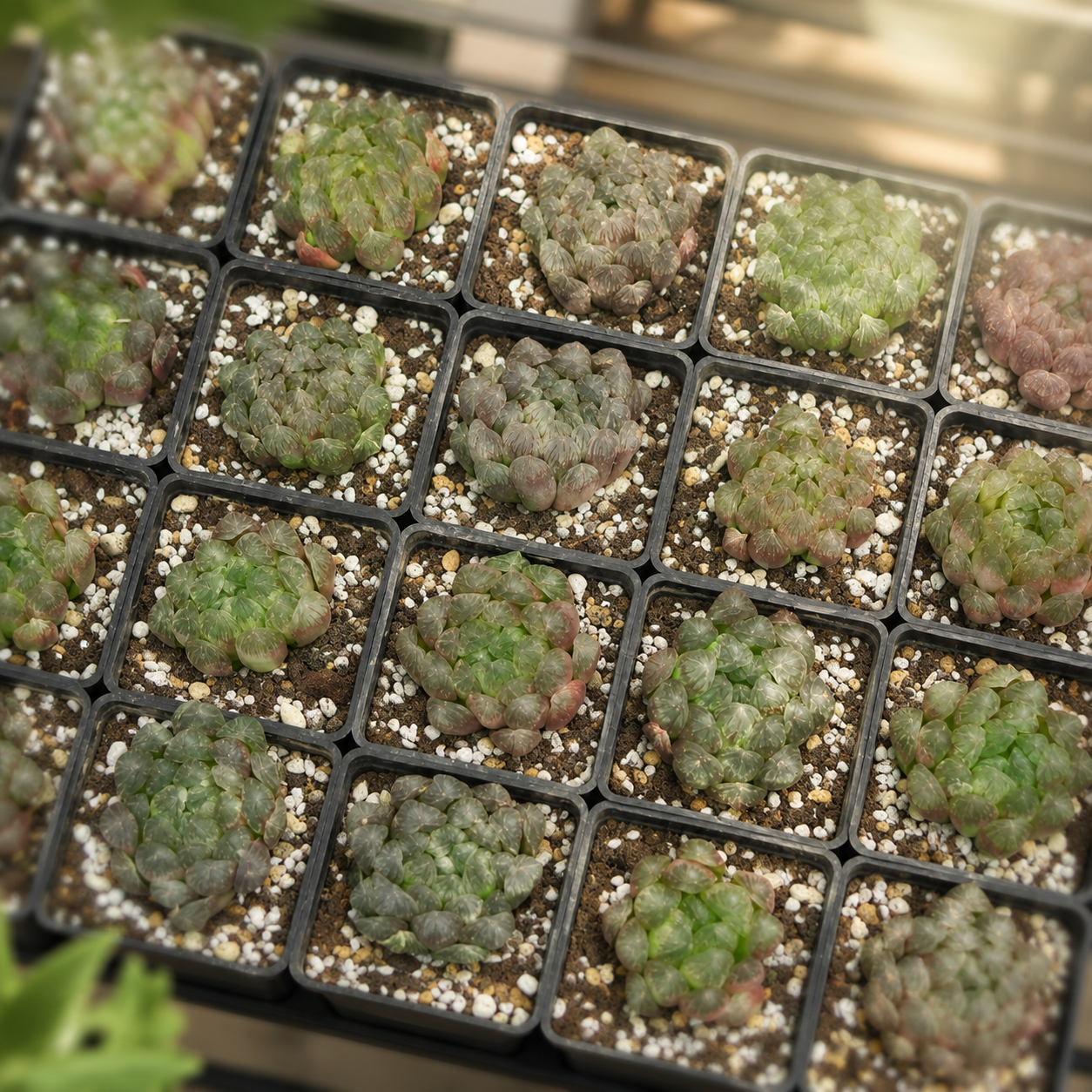 A close-up of multiple small succulent plants arranged in a black plastic tray with white perlite, photographed from above.