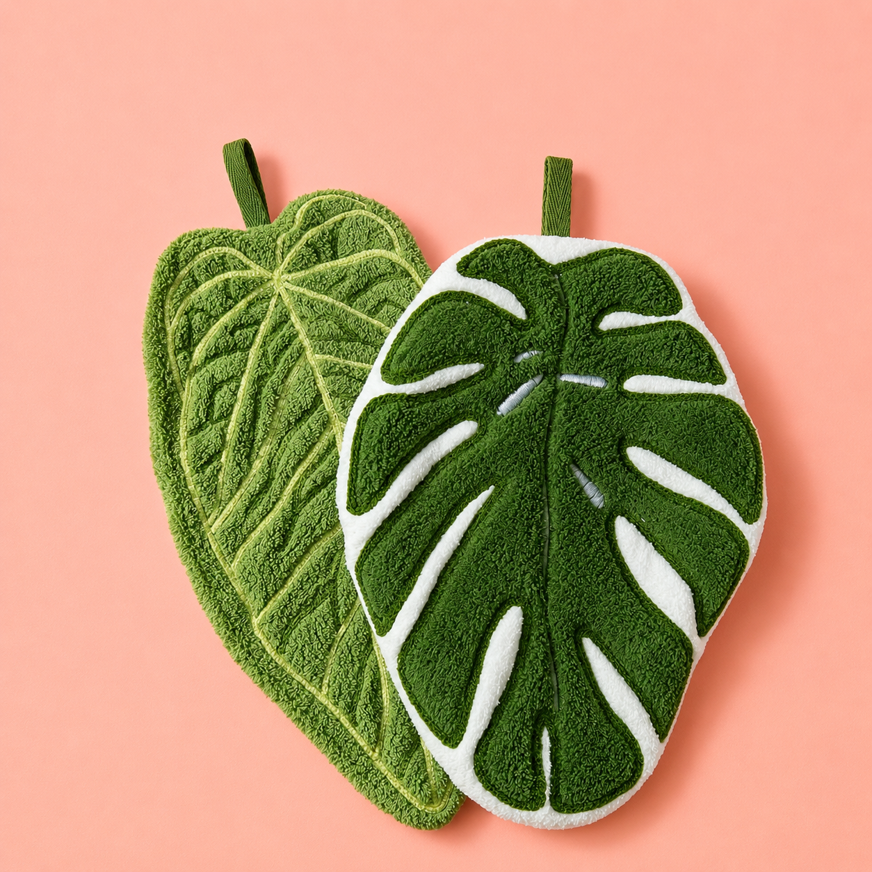 Leaf Hand Towel Set 2pcs | Monstera & Tropical Leaf Design | Cute Kitchen Bathroom Towels | Soft Absorbent