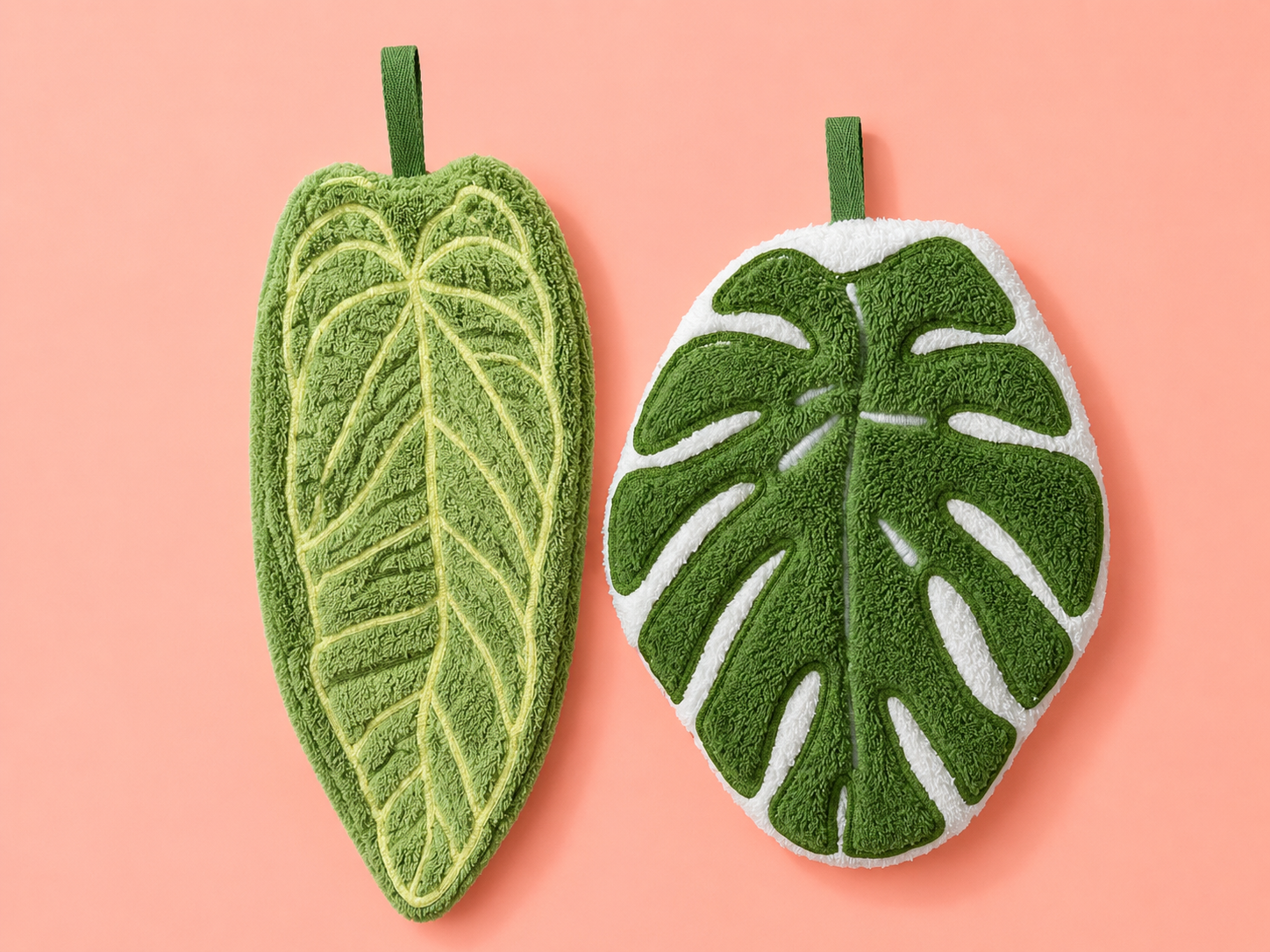 Leaf Hand Towel Set 2pcs | Monstera & Tropical Leaf Design | Cute Kitchen Bathroom Towels | Soft Absorbent