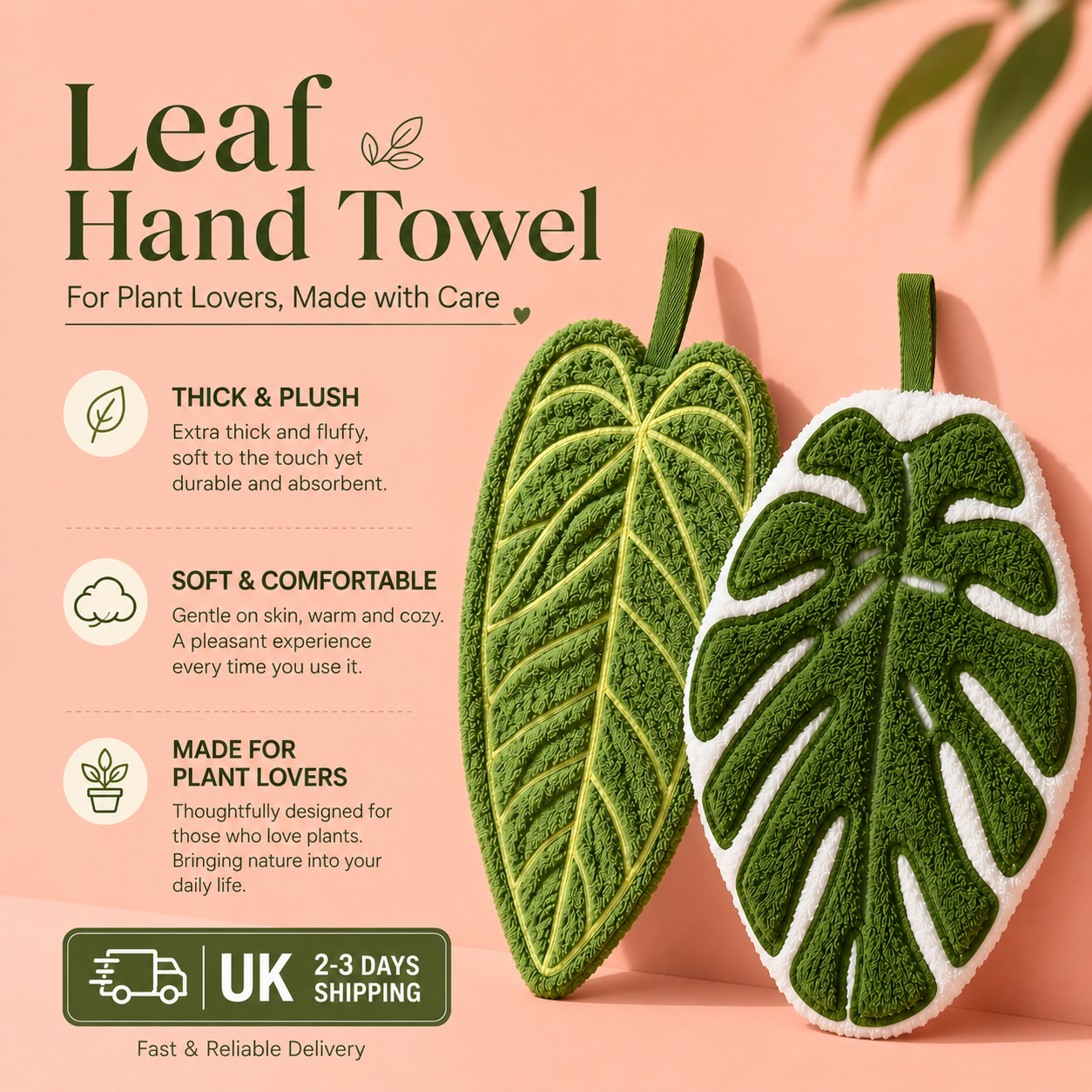 Leaf Hand Towel Set 2pcs | Monstera & Tropical Leaf Design | Cute Kitchen Bathroom Towels | Soft Absorbent