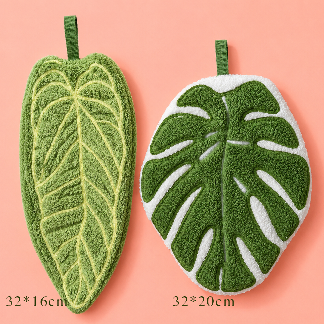 Leaf Hand Towel Set 2pcs | Monstera & Tropical Leaf Design | Cute Kitchen Bathroom Towels | Soft Absorbent