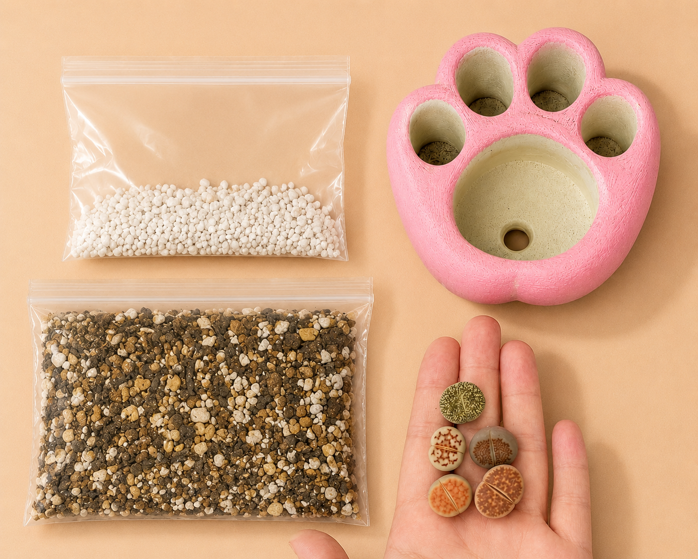 Living Stones Succulents with Paw pot Kit