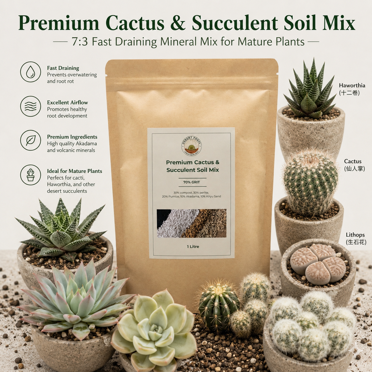 Premium Cactus & Succulent Potting Mix soil for Mature Lithops & Haworthia - 0