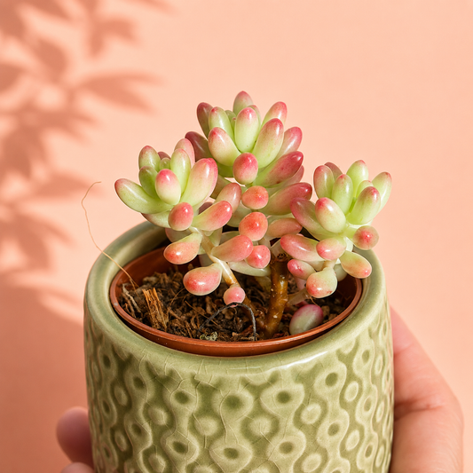 A small succulent plant with pale green and pink leaves in a textured light green ceramic pot, held in a hand against a peach background with soft leaf shadows.