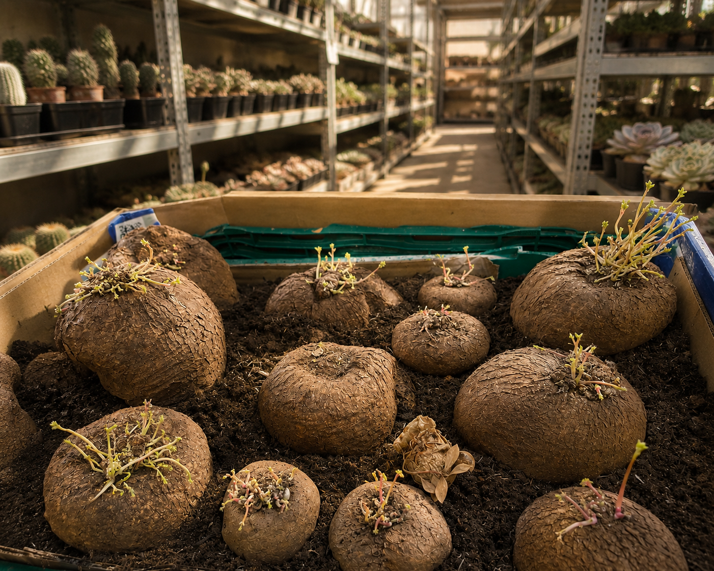 A cardboard tray filled with brown, tuber-like plants with small green sprouts, photographed in a greenhouse or nursery aisle with shelving and other plants in the background.